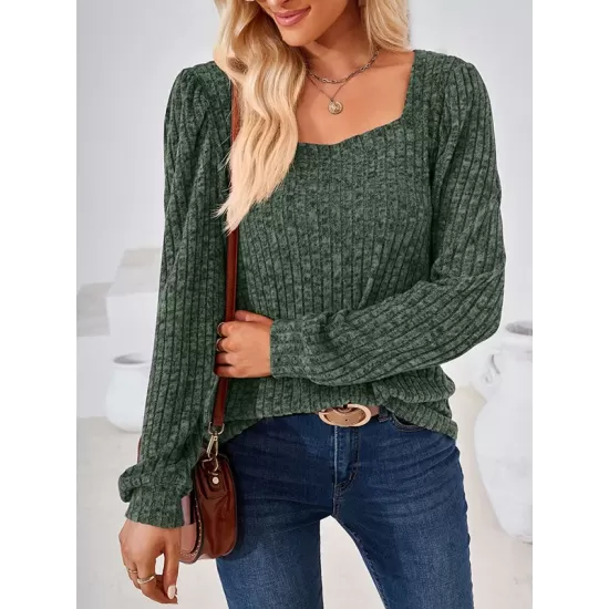 Solid Color Long Sleeves Loose Square-Neck T-Shirts Tops