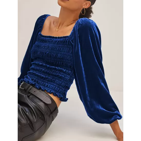 Elasticity Solid Color Velvet Long Sleeves Loose Square-Neck T-Shirts Tops