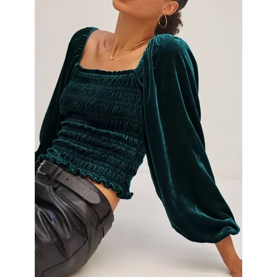 Elasticity Solid Color Velvet Long Sleeves Loose Square-Neck T-Shirts Tops