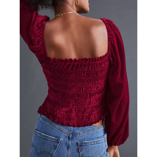 Elasticity Solid Color Velvet Long Sleeves Loose Square-Neck T-Shirts Tops