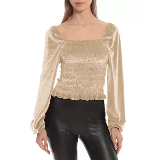 Elasticity Solid Color Velvet Long Sleeves Loose Square-Neck T-Shirts Tops