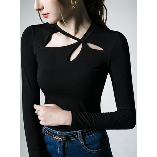 Hollow Solid Color Long Sleeves Skinny Asymmetric Collar T-Shirts Tops