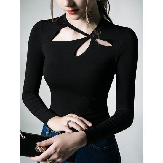 Hollow Solid Color Long Sleeves Skinny Asymmetric Collar T-Shirts Tops