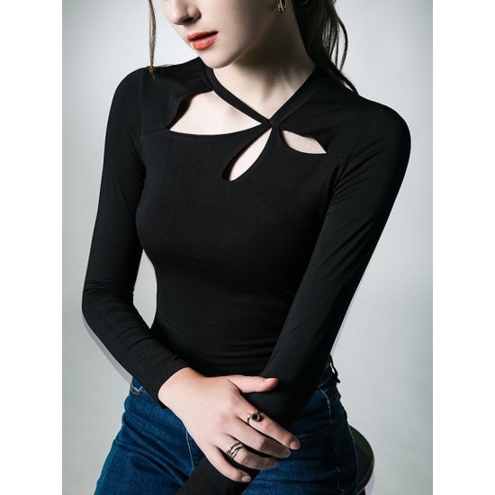 Hollow Solid Color Long Sleeves Skinny Asymmetric Collar T-Shirts Tops