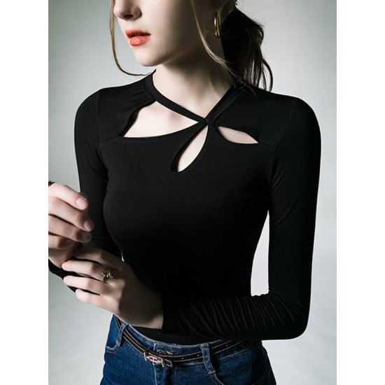 Hollow Solid Color Long Sleeves Skinny Asymmetric Collar T-Shirts Tops