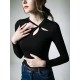 Hollow Solid Color Long Sleeves Skinny Asymmetric Collar T-Shirts Tops