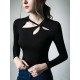 Hollow Solid Color Long Sleeves Skinny Asymmetric Collar T-Shirts Tops