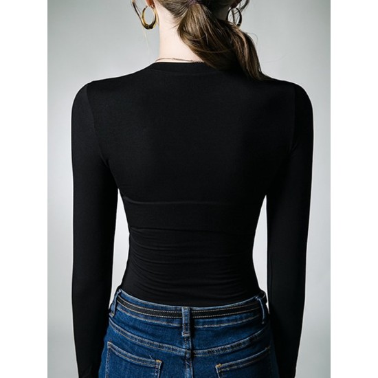 Hollow Solid Color Long Sleeves Skinny Asymmetric Collar T-Shirts Tops