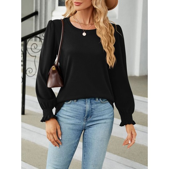 Elasticity Solid Color Long Sleeves Loose Round-Neck T-Shirts Tops