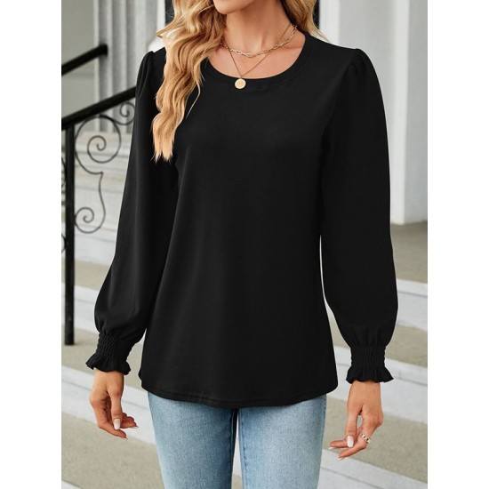 Elasticity Solid Color Long Sleeves Loose Round-Neck T-Shirts Tops