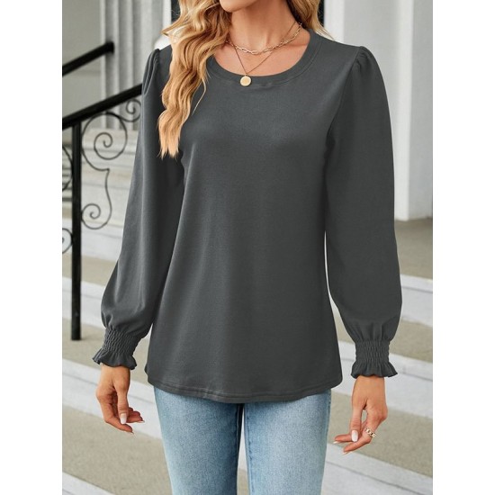 Elasticity Solid Color Long Sleeves Loose Round-Neck T-Shirts Tops