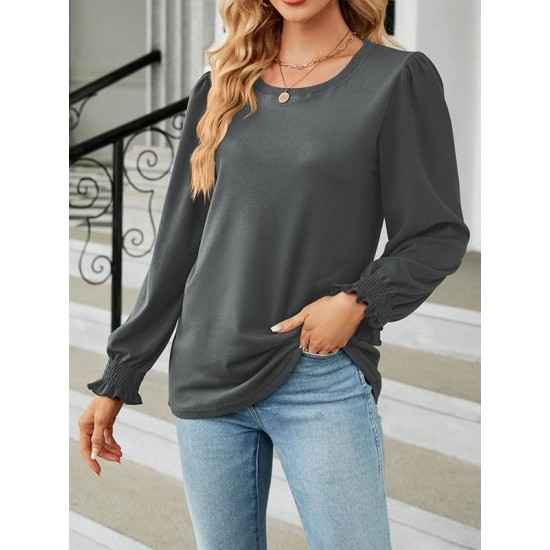 Elasticity Solid Color Long Sleeves Loose Round-Neck T-Shirts Tops