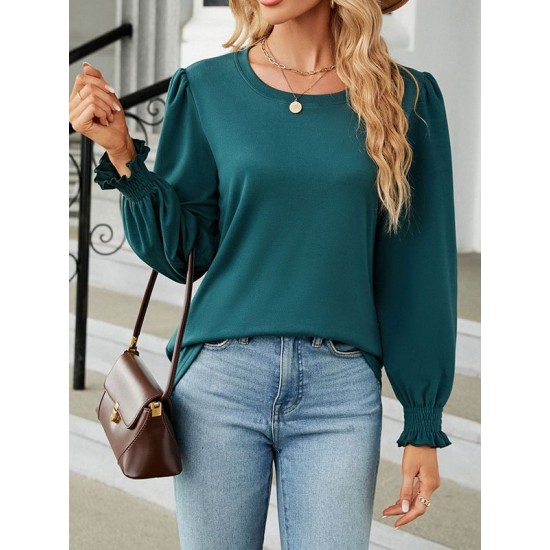 Elasticity Solid Color Long Sleeves Loose Round-Neck T-Shirts Tops