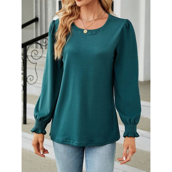 Elasticity Solid Color Long Sleeves Loose Round-Neck T-Shirts Tops