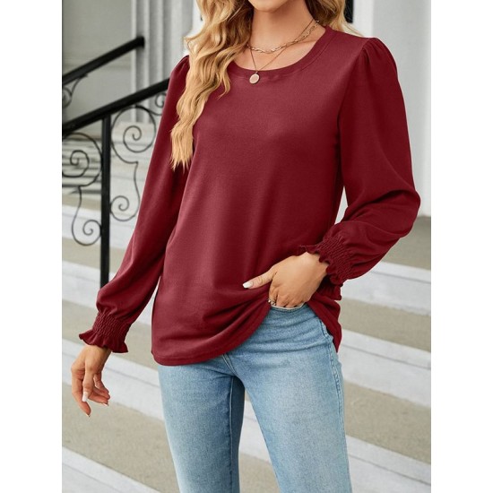 Elasticity Solid Color Long Sleeves Loose Round-Neck T-Shirts Tops