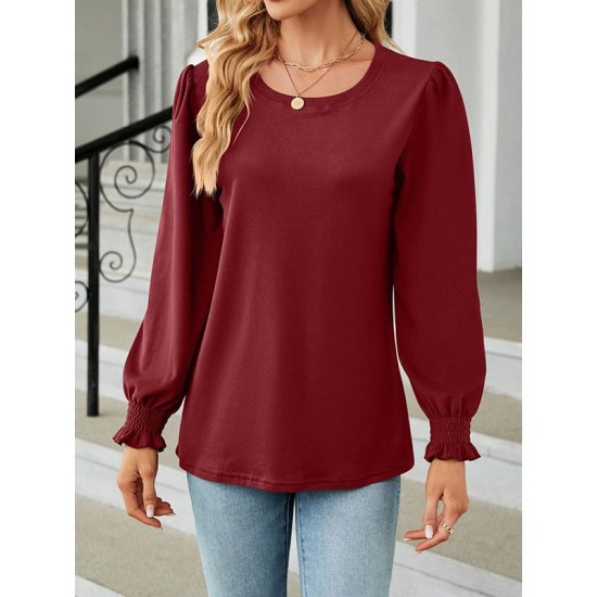 Elasticity Solid Color Long Sleeves Loose Round-Neck T-Shirts Tops