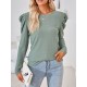 Pleated Solid Color Long Sleeves Loose Round-Neck T-Shirts Tops