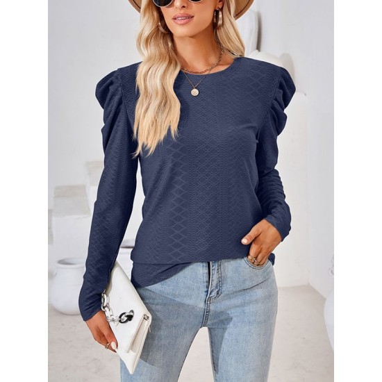 Pleated Solid Color Long Sleeves Loose Round-Neck T-Shirts Tops