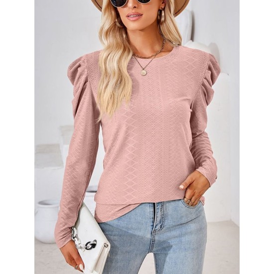 Pleated Solid Color Long Sleeves Loose Round-Neck T-Shirts Tops