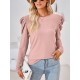 Pleated Solid Color Long Sleeves Loose Round-Neck T-Shirts Tops