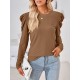 Pleated Solid Color Long Sleeves Loose Round-Neck T-Shirts Tops