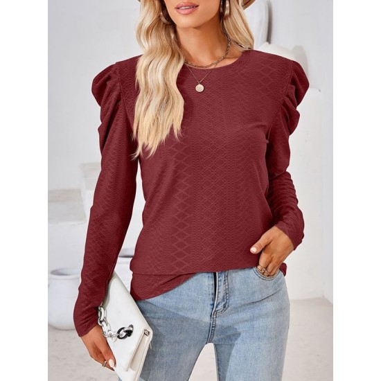 Pleated Solid Color Long Sleeves Loose Round-Neck T-Shirts Tops