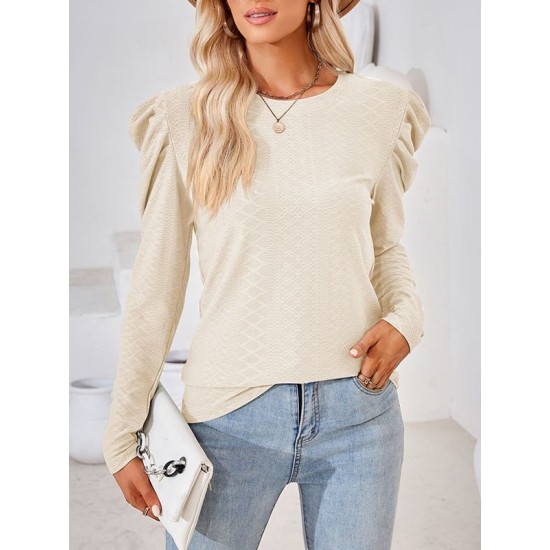 Pleated Solid Color Long Sleeves Loose Round-Neck T-Shirts Tops