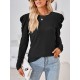 Pleated Solid Color Long Sleeves Loose Round-Neck T-Shirts Tops