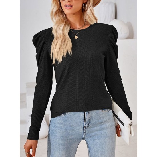 Pleated Solid Color Long Sleeves Loose Round-Neck T-Shirts Tops