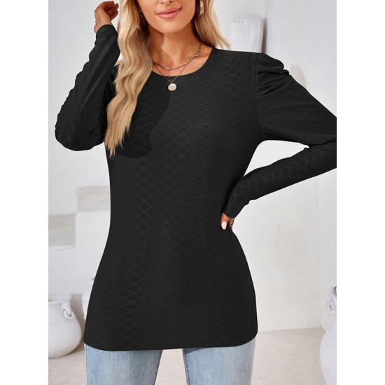 Pleated Solid Color Long Sleeves Loose Round-Neck T-Shirts Tops