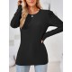 Pleated Solid Color Long Sleeves Loose Round-Neck T-Shirts Tops