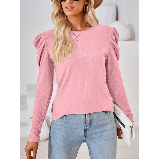 Pleated Solid Color Long Sleeves Loose Round-Neck T-Shirts Tops