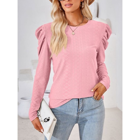 Pleated Solid Color Long Sleeves Loose Round-Neck T-Shirts Tops