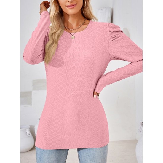 Pleated Solid Color Long Sleeves Loose Round-Neck T-Shirts Tops