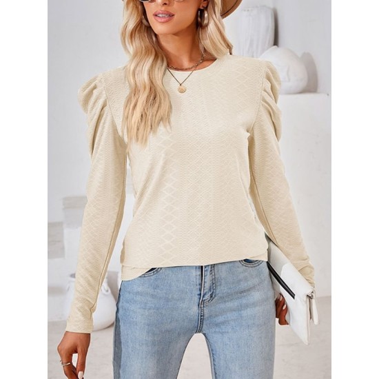 Pleated Solid Color Long Sleeves Loose Round-Neck T-Shirts Tops