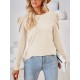 Pleated Solid Color Long Sleeves Loose Round-Neck T-Shirts Tops