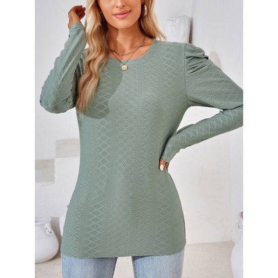 Pleated Solid Color Long Sleeves Loose Round-Neck T-Shirts Tops