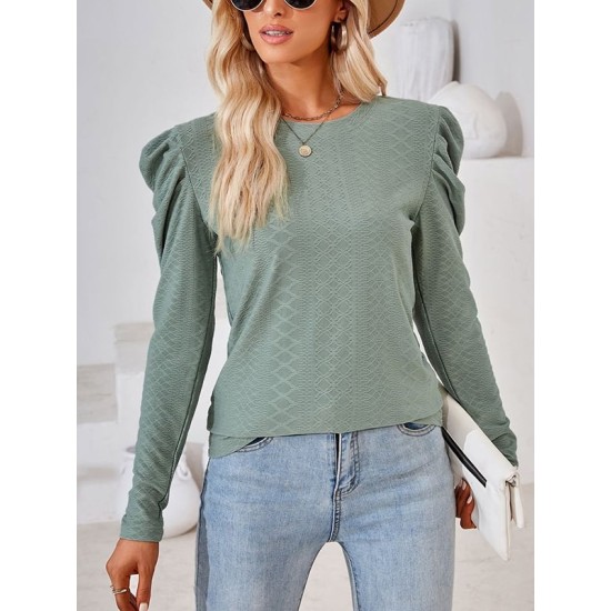 Pleated Solid Color Long Sleeves Loose Round-Neck T-Shirts Tops