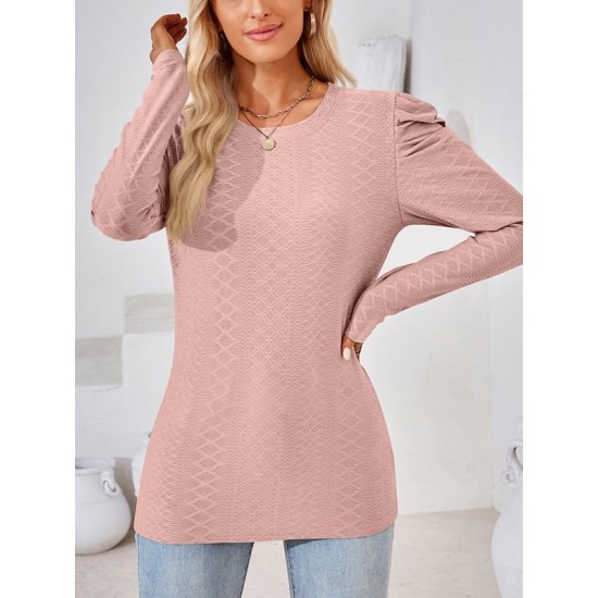 Pleated Solid Color Long Sleeves Loose Round-Neck T-Shirts Tops