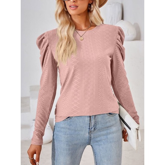 Pleated Solid Color Long Sleeves Loose Round-Neck T-Shirts Tops