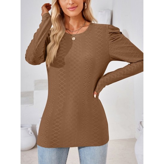 Pleated Solid Color Long Sleeves Loose Round-Neck T-Shirts Tops