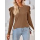 Pleated Solid Color Long Sleeves Loose Round-Neck T-Shirts Tops