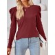 Pleated Solid Color Long Sleeves Loose Round-Neck T-Shirts Tops