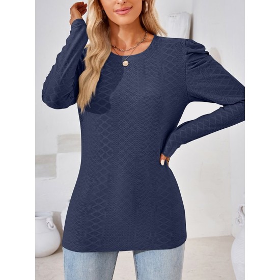 Pleated Solid Color Long Sleeves Loose Round-Neck T-Shirts Tops