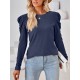 Pleated Solid Color Long Sleeves Loose Round-Neck T-Shirts Tops