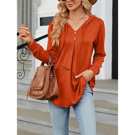 Buttoned Drawstring Hooded Solid Color Long Sleeves Loose V-Neck T-Shirts Tops