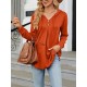 Buttoned Drawstring Hooded Solid Color Long Sleeves Loose V-Neck T-Shirts Tops