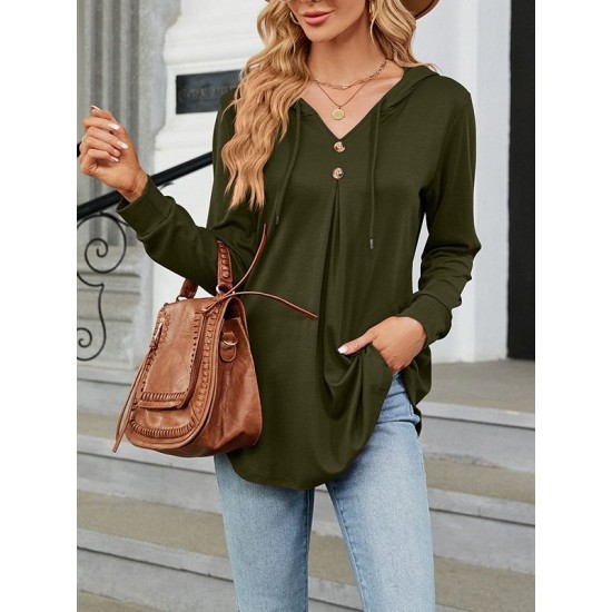 Buttoned Drawstring Hooded Solid Color Long Sleeves Loose V-Neck T-Shirts Tops