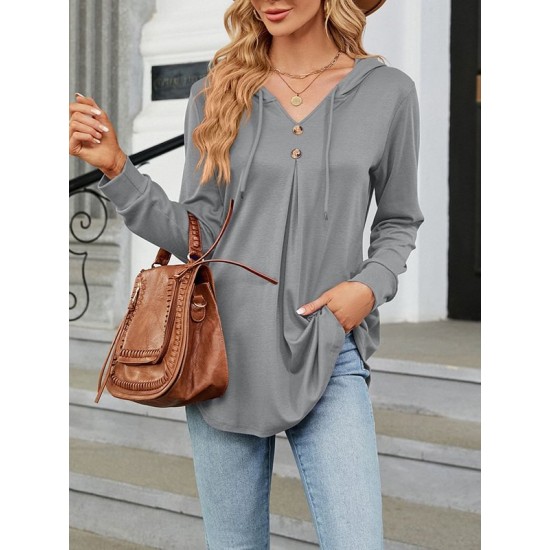 Buttoned Drawstring Hooded Solid Color Long Sleeves Loose V-Neck T-Shirts Tops