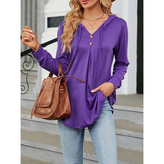 Buttoned Drawstring Hooded Solid Color Long Sleeves Loose V-Neck T-Shirts Tops